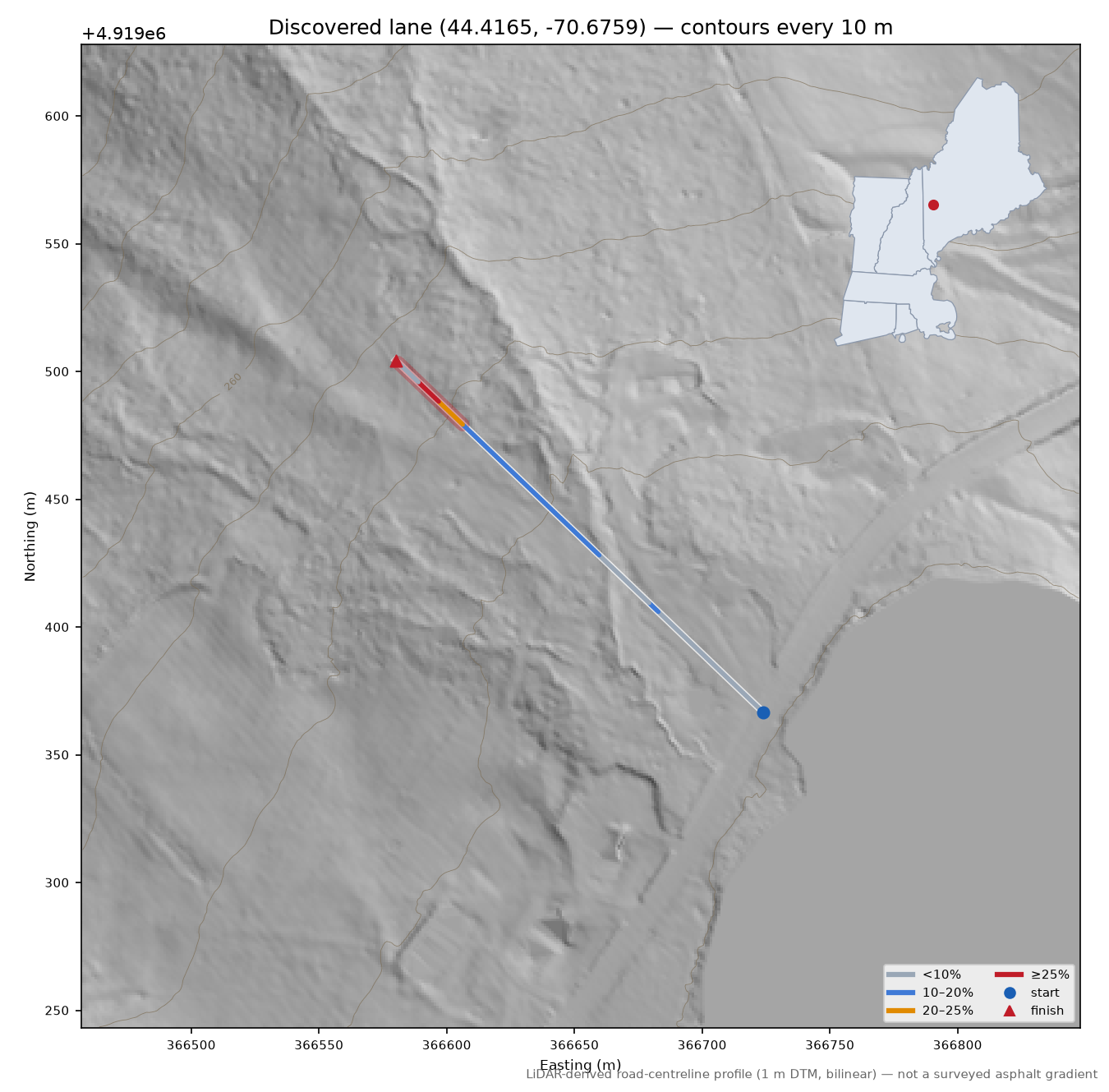 Discovered lane (44.4165, -70.6759) LiDAR hillshade map with contours
