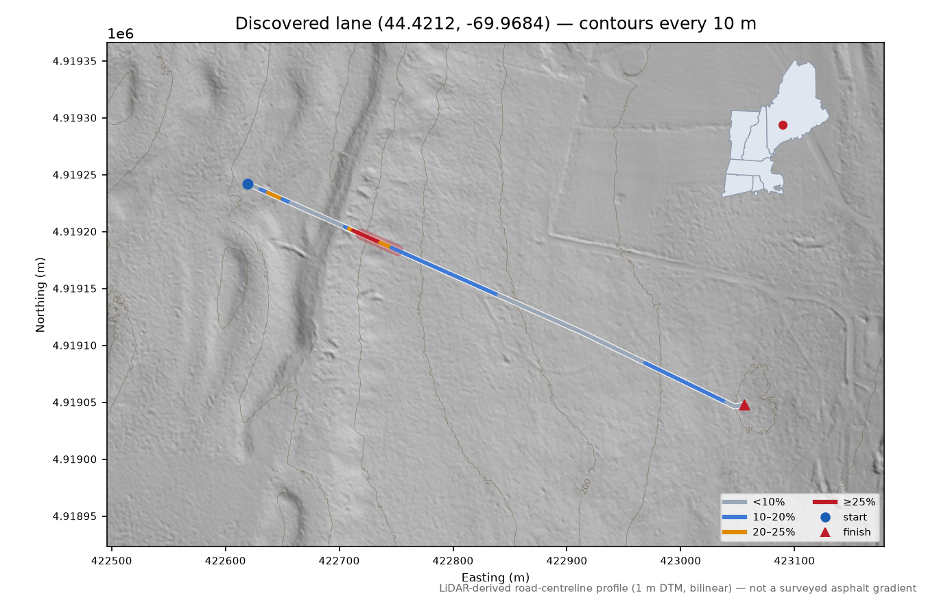 Discovered lane (44.4212, -69.9684) LiDAR hillshade map with contours