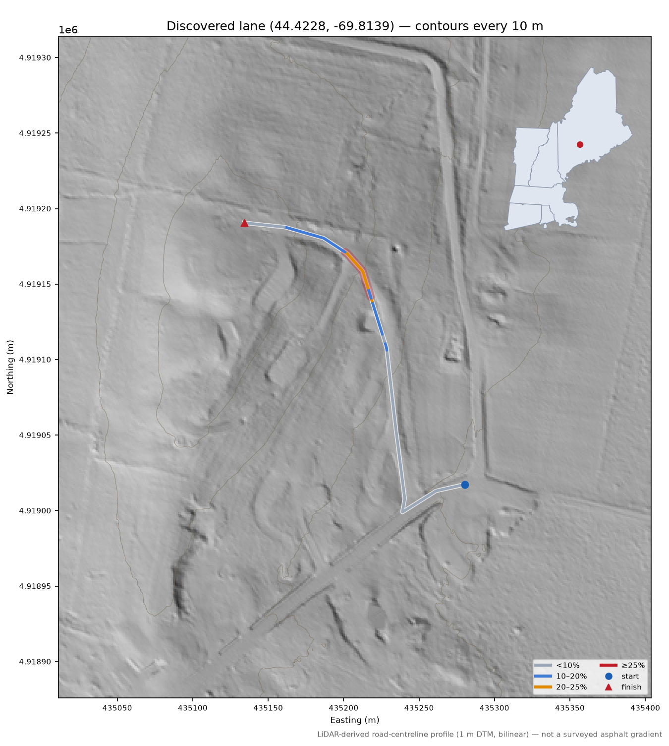 Discovered lane (44.4228, -69.8139) LiDAR hillshade map with contours