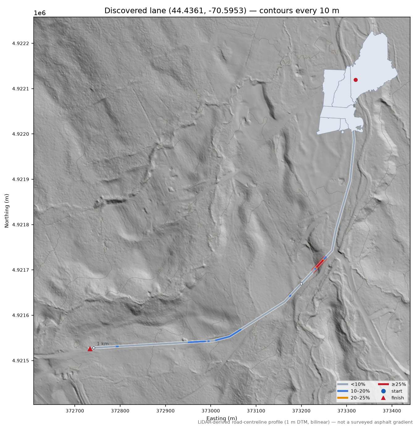 Discovered lane (44.4361, -70.5953) LiDAR hillshade map with contours