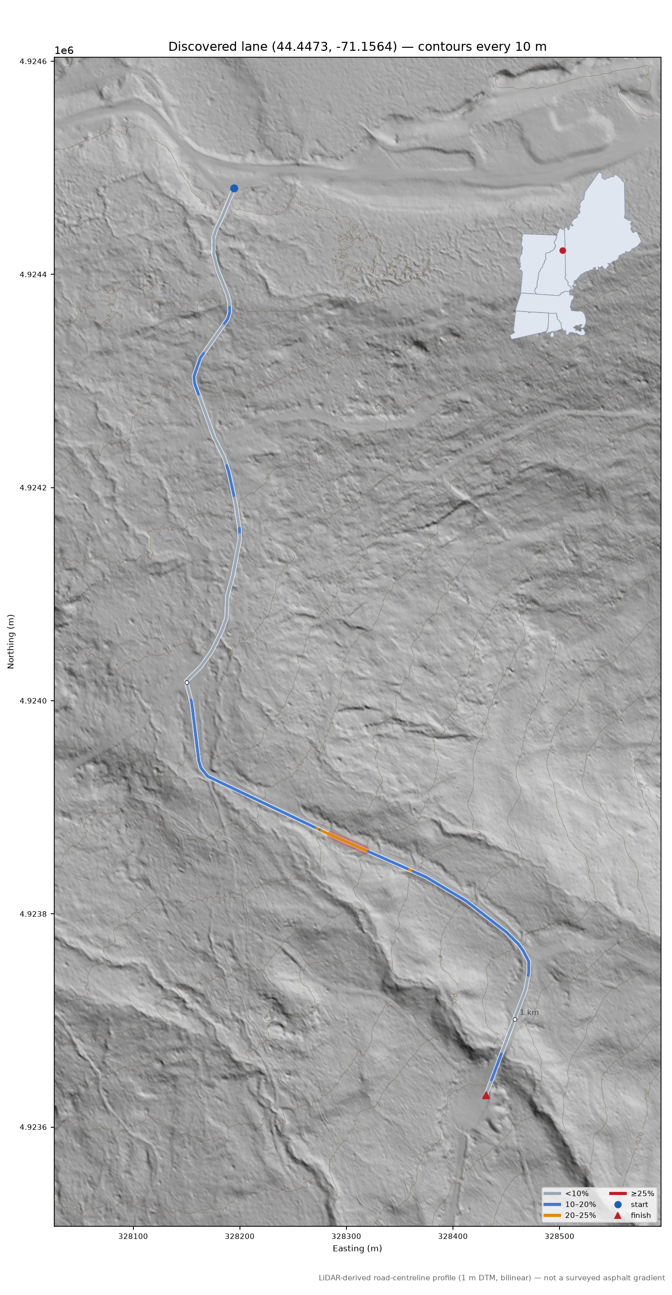 Discovered lane (44.4473, -71.1564) LiDAR hillshade map with contours