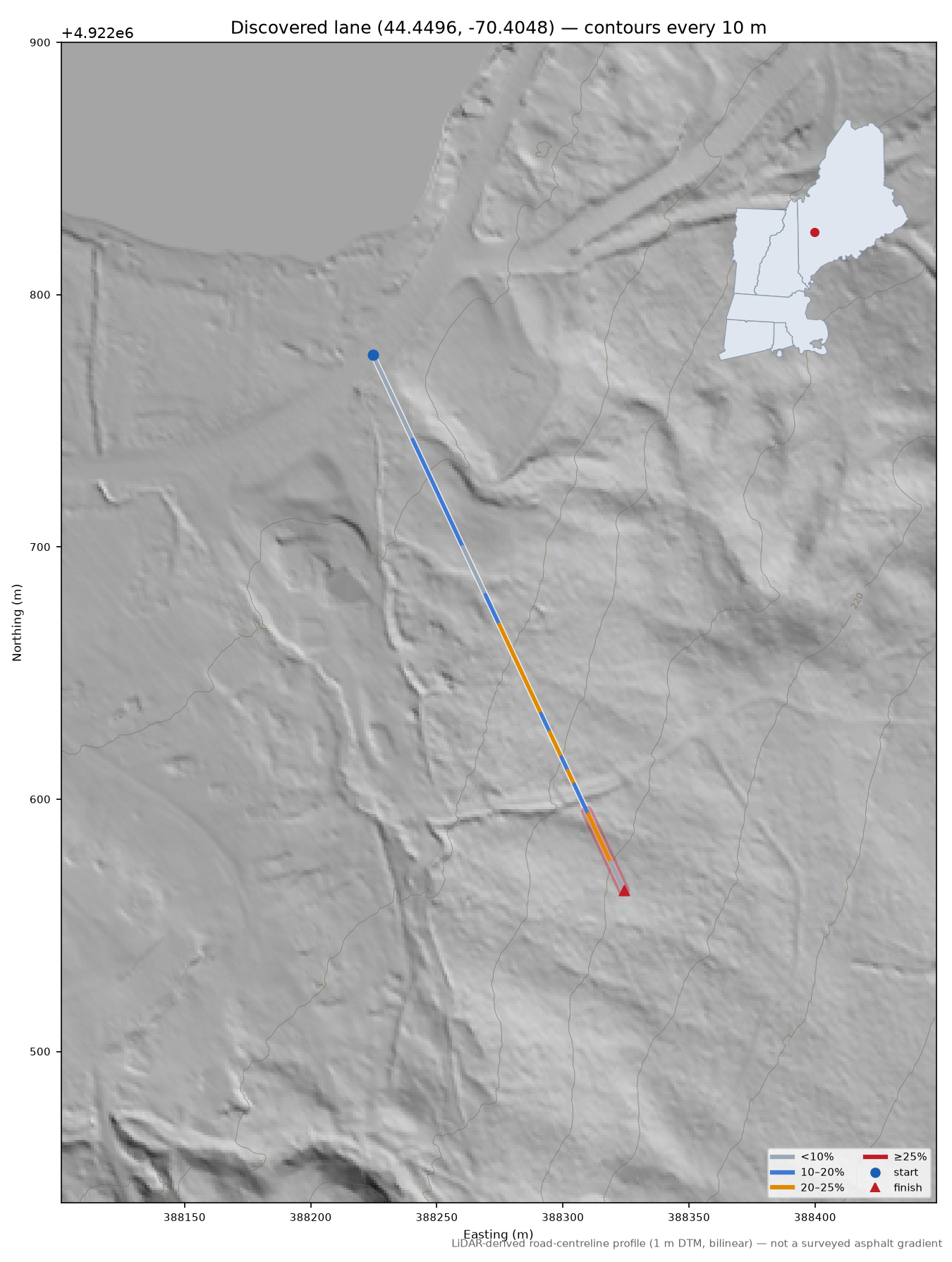 Discovered lane (44.4496, -70.4048) LiDAR hillshade map with contours