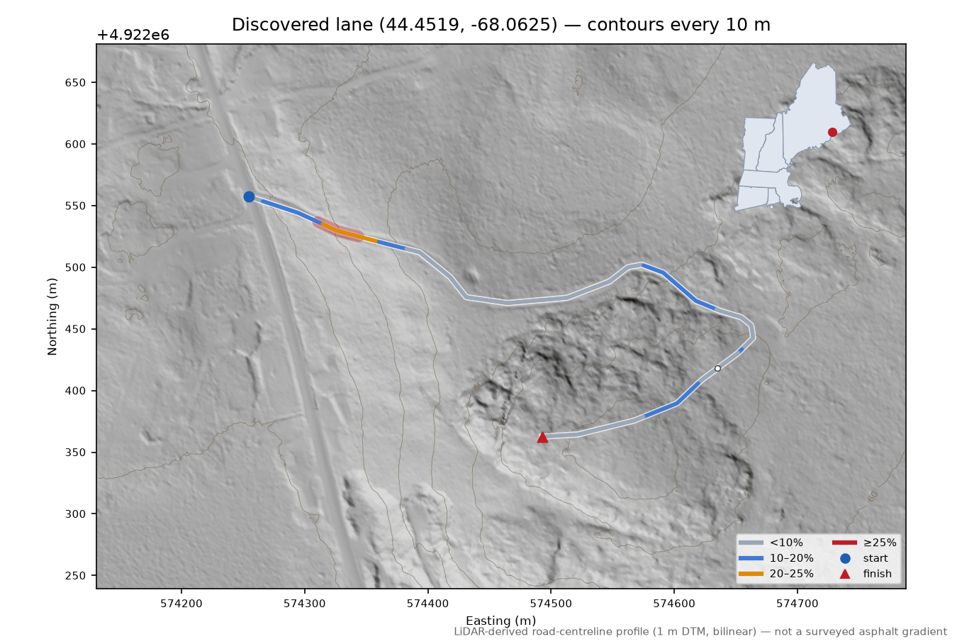 Discovered lane (44.4519, -68.0625) LiDAR hillshade map with contours