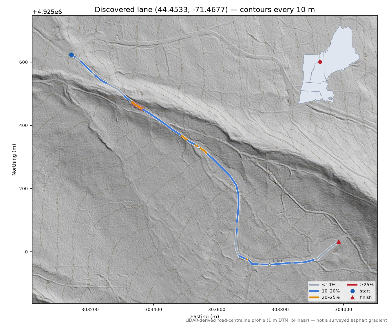 Discovered lane (44.4533, -71.4677) LiDAR hillshade map with contours