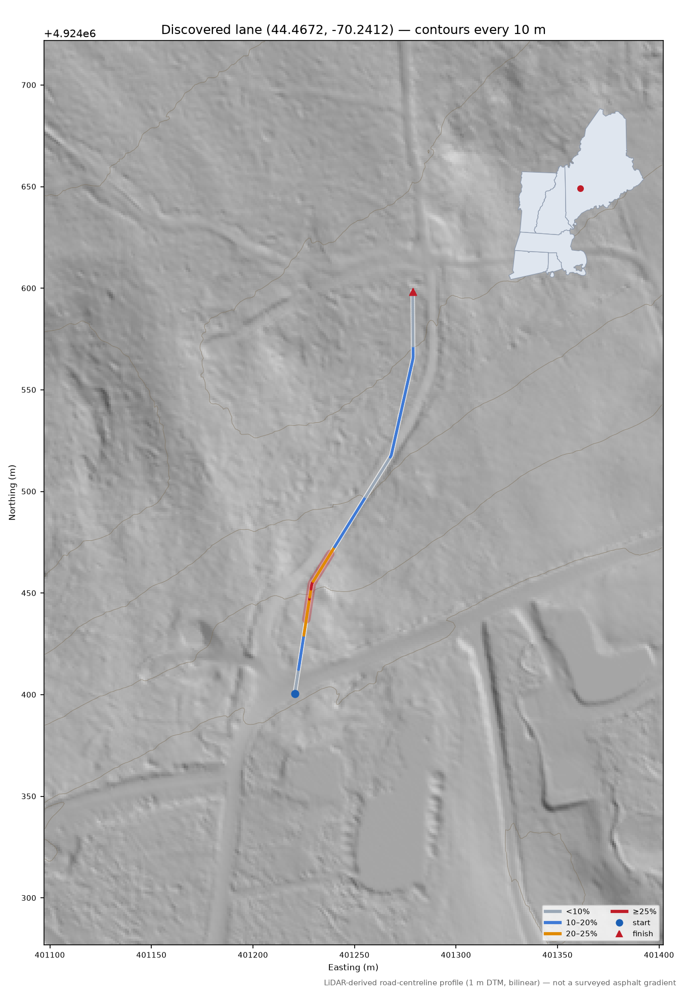 Discovered lane (44.4672, -70.2412) LiDAR hillshade map with contours