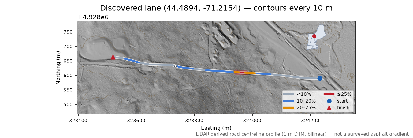 Discovered lane (44.4894, -71.2154) LiDAR hillshade map with contours
