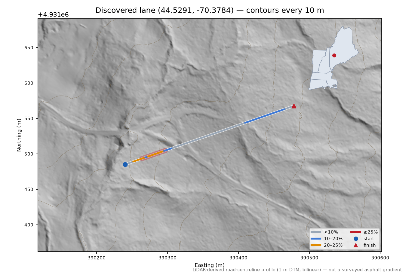 Discovered lane (44.5291, -70.3784) LiDAR hillshade map with contours