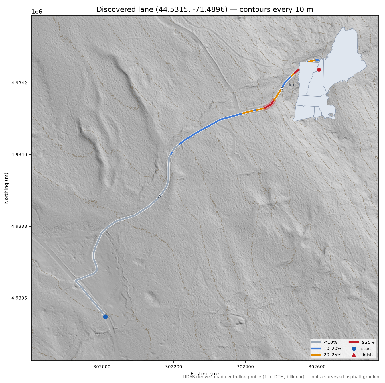 Discovered lane (44.5315, -71.4896) LiDAR hillshade map with contours