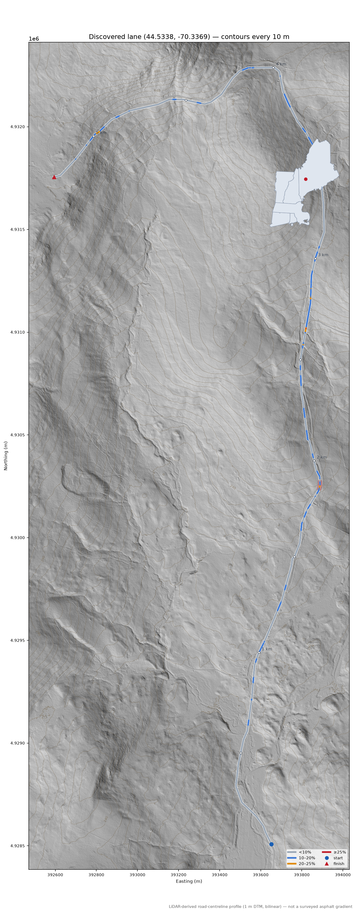 Discovered lane (44.5338, -70.3369) LiDAR hillshade map with contours