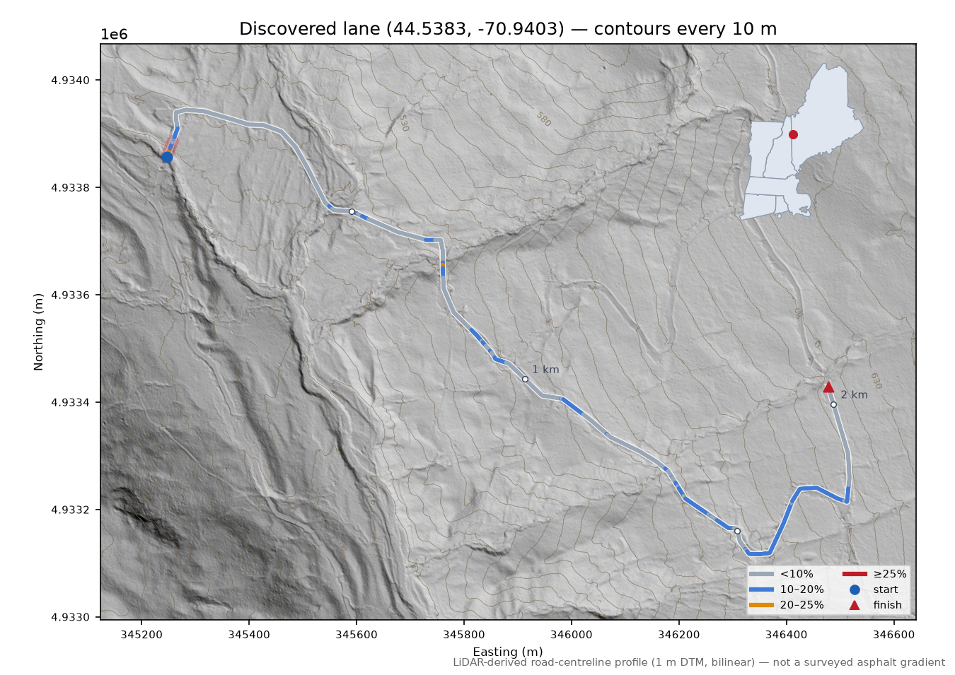 Discovered lane (44.5383, -70.9403) LiDAR hillshade map with contours