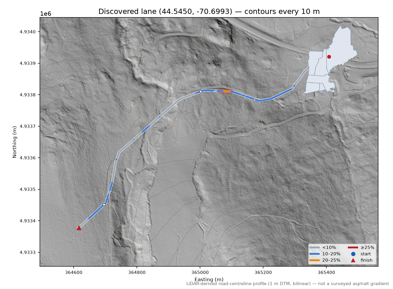 Discovered lane (44.5450, -70.6993) LiDAR hillshade map with contours