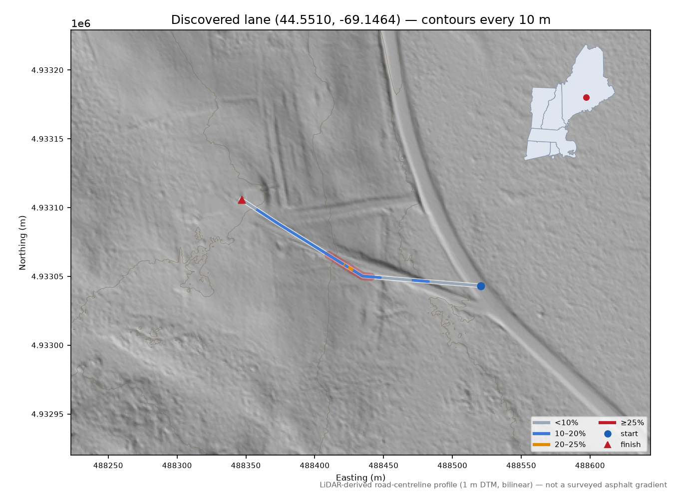 Discovered lane (44.5510, -69.1464) LiDAR hillshade map with contours