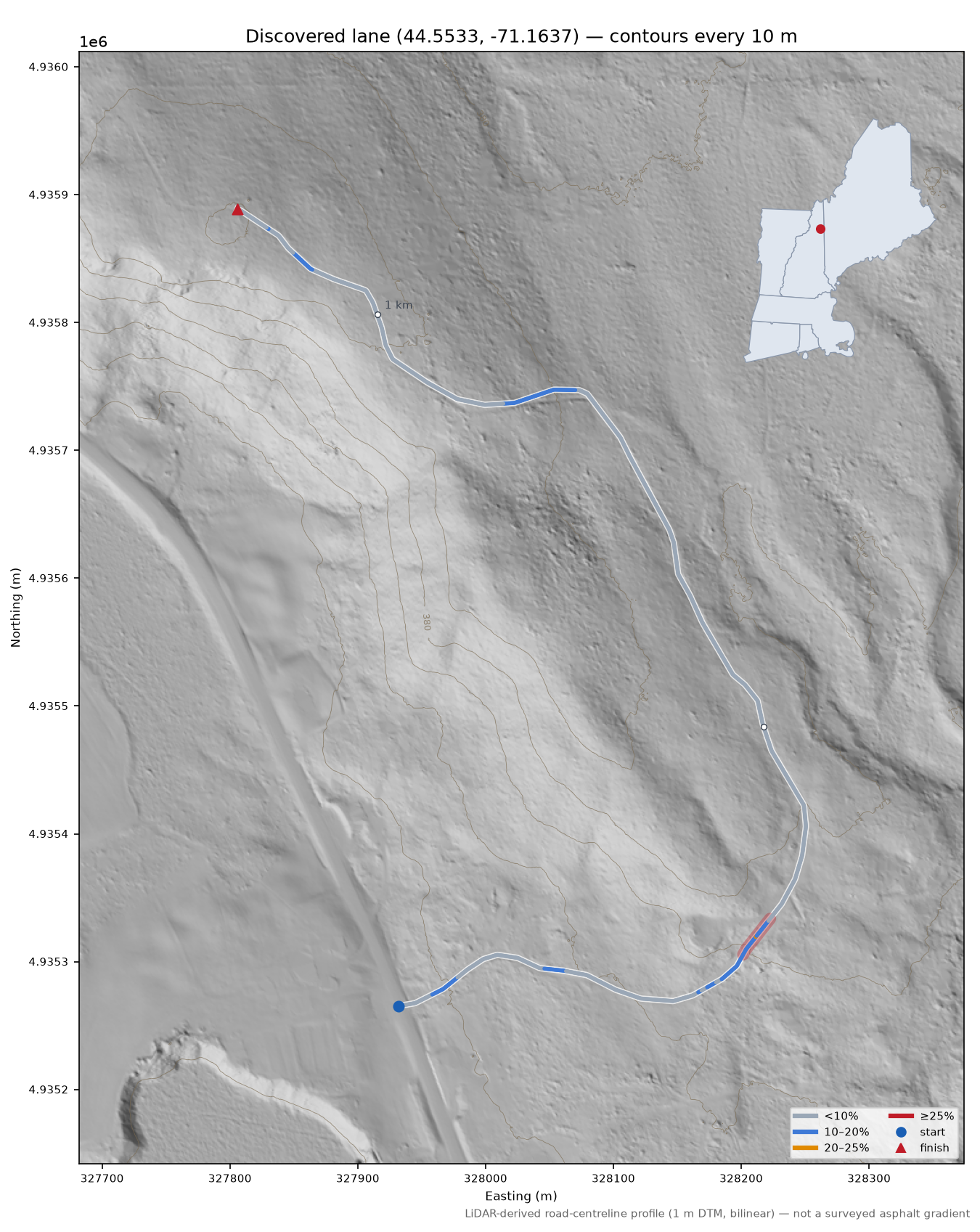 Discovered lane (44.5533, -71.1637) LiDAR hillshade map with contours
