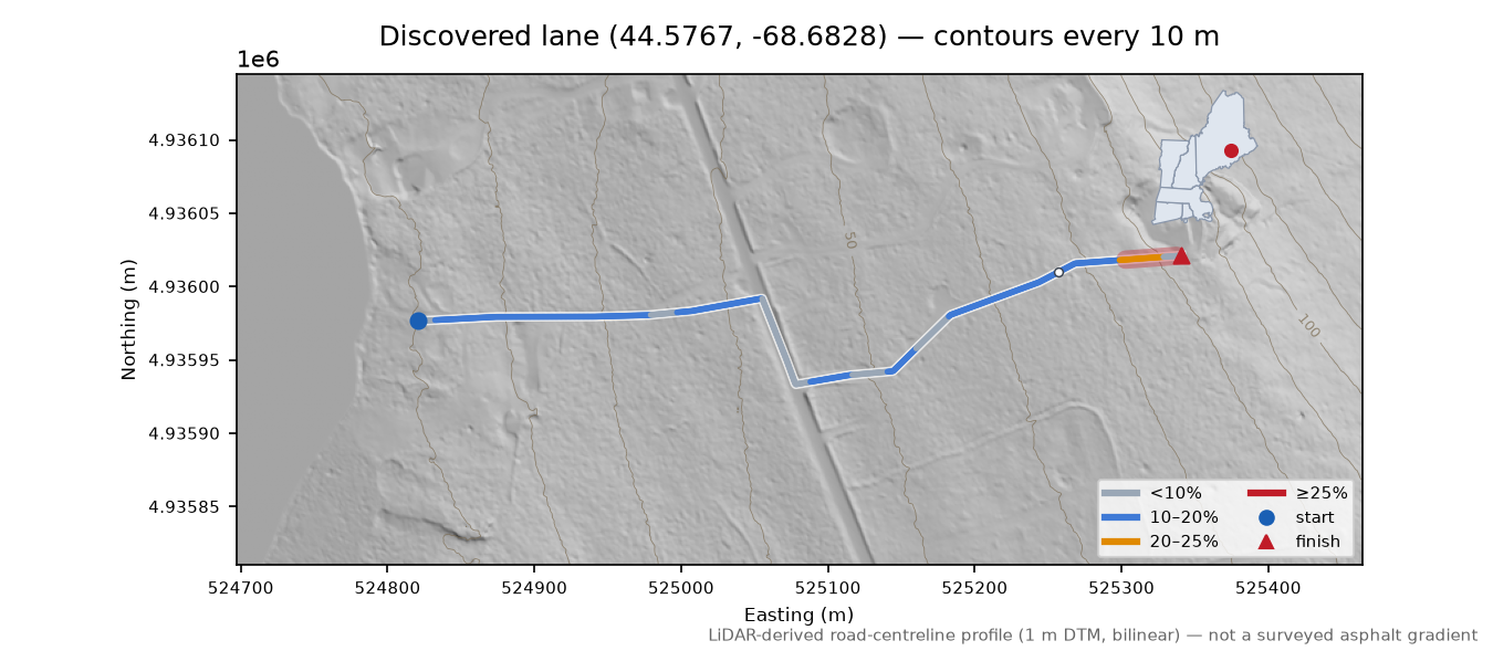 Discovered lane (44.5767, -68.6828) LiDAR hillshade map with contours