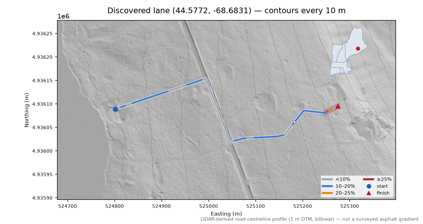 Discovered lane (44.5772, -68.6831) LiDAR hillshade map with contours