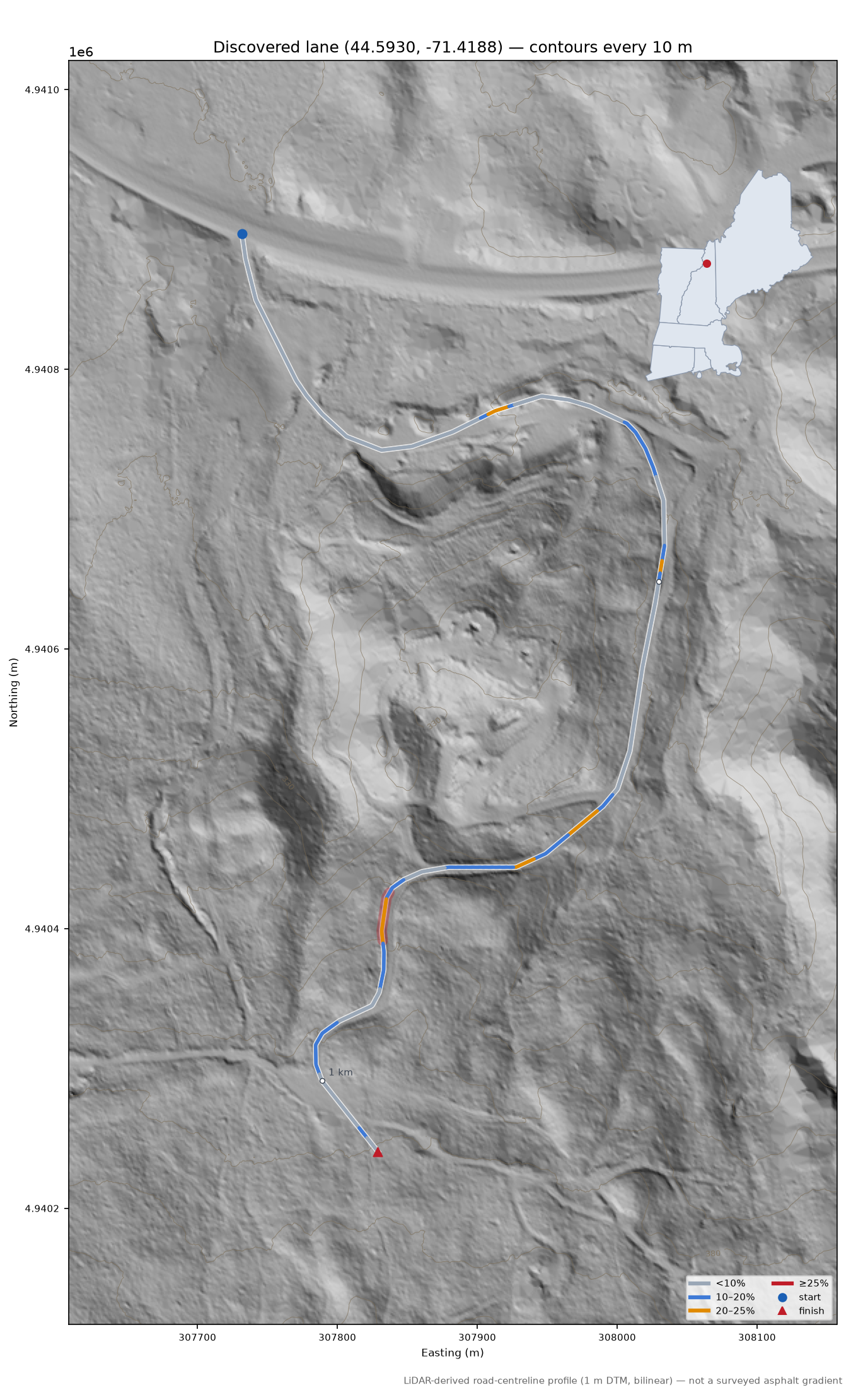 Discovered lane (44.5930, -71.4188) LiDAR hillshade map with contours