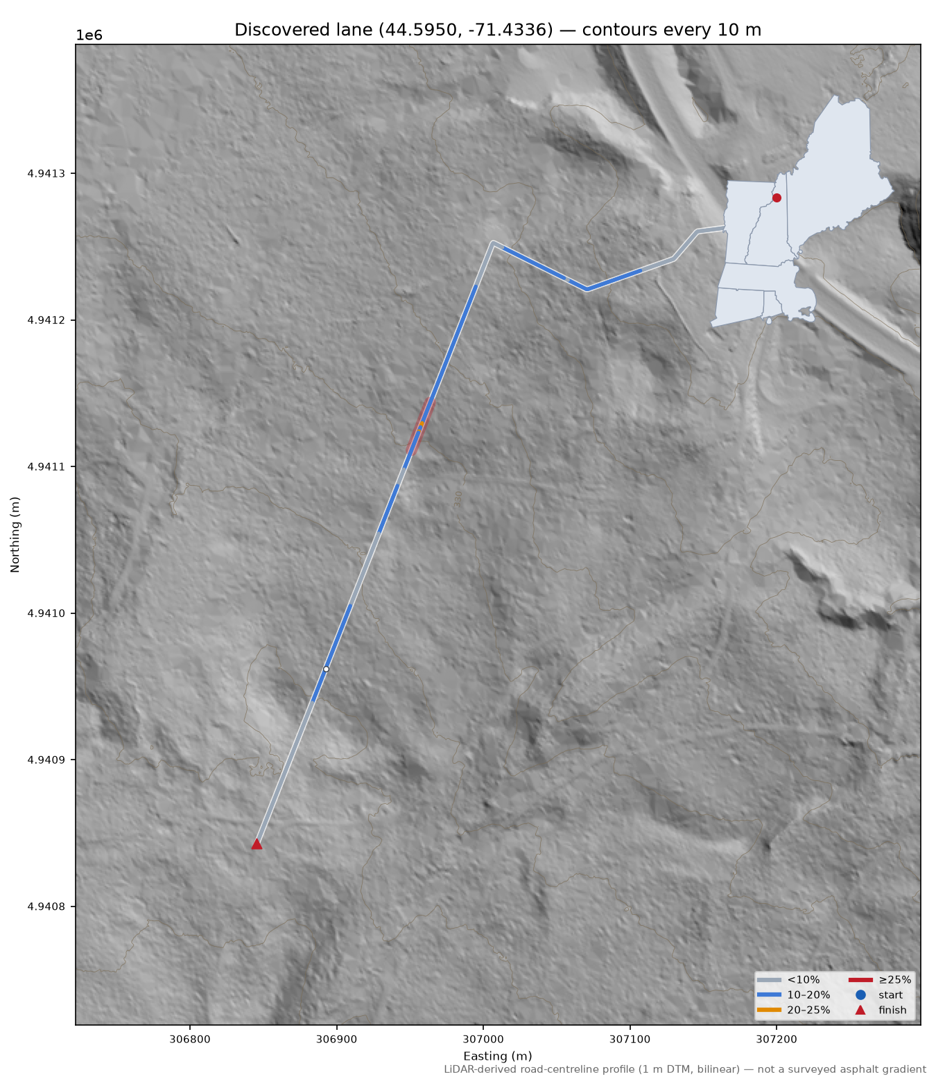 Discovered lane (44.5950, -71.4336) LiDAR hillshade map with contours