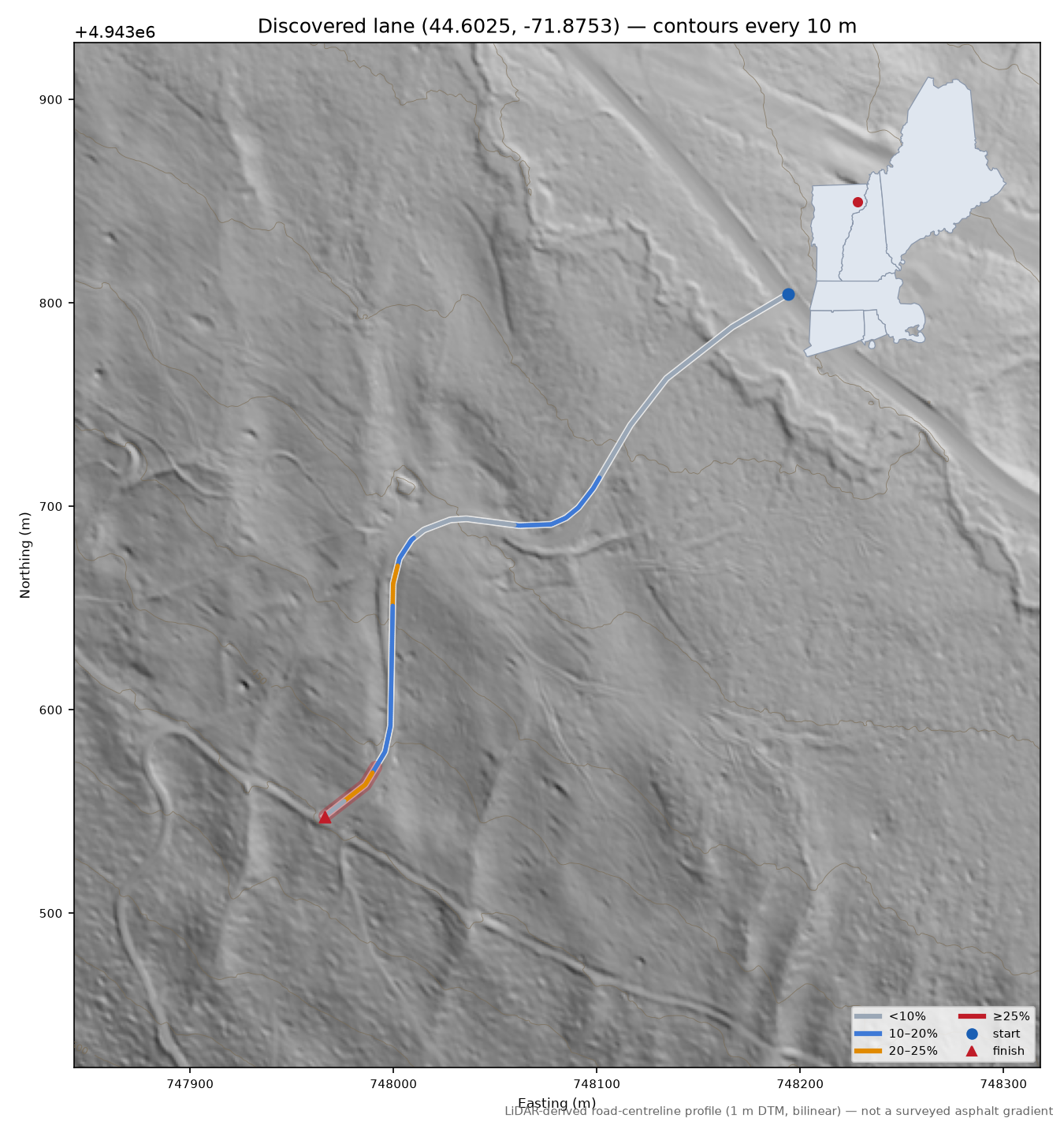Discovered lane (44.6025, -71.8753) LiDAR hillshade map with contours
