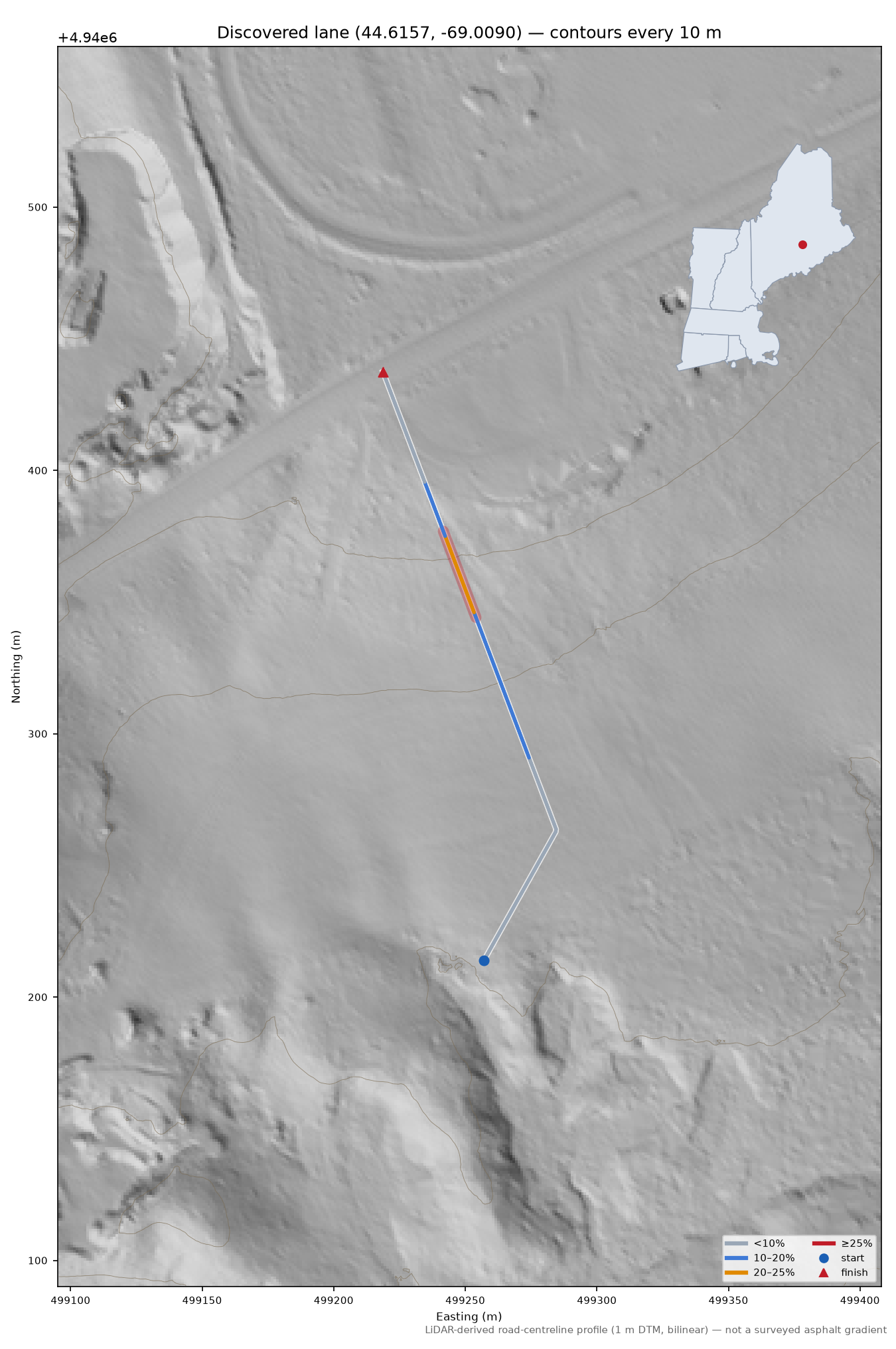 Discovered lane (44.6157, -69.0090) LiDAR hillshade map with contours