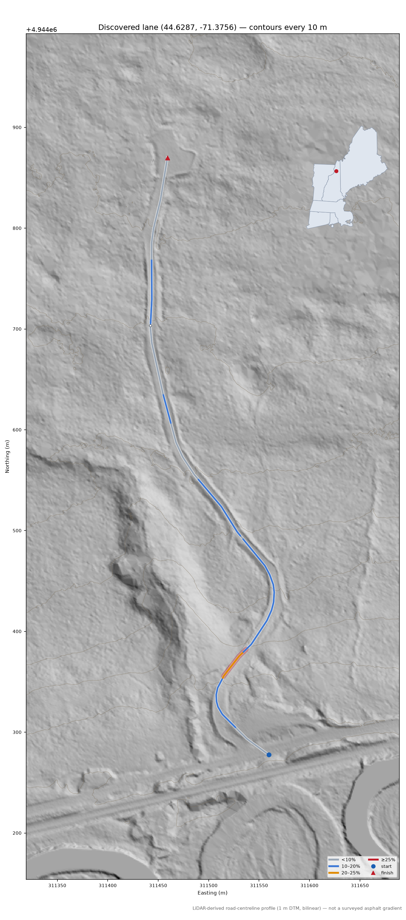 Discovered lane (44.6287, -71.3756) LiDAR hillshade map with contours