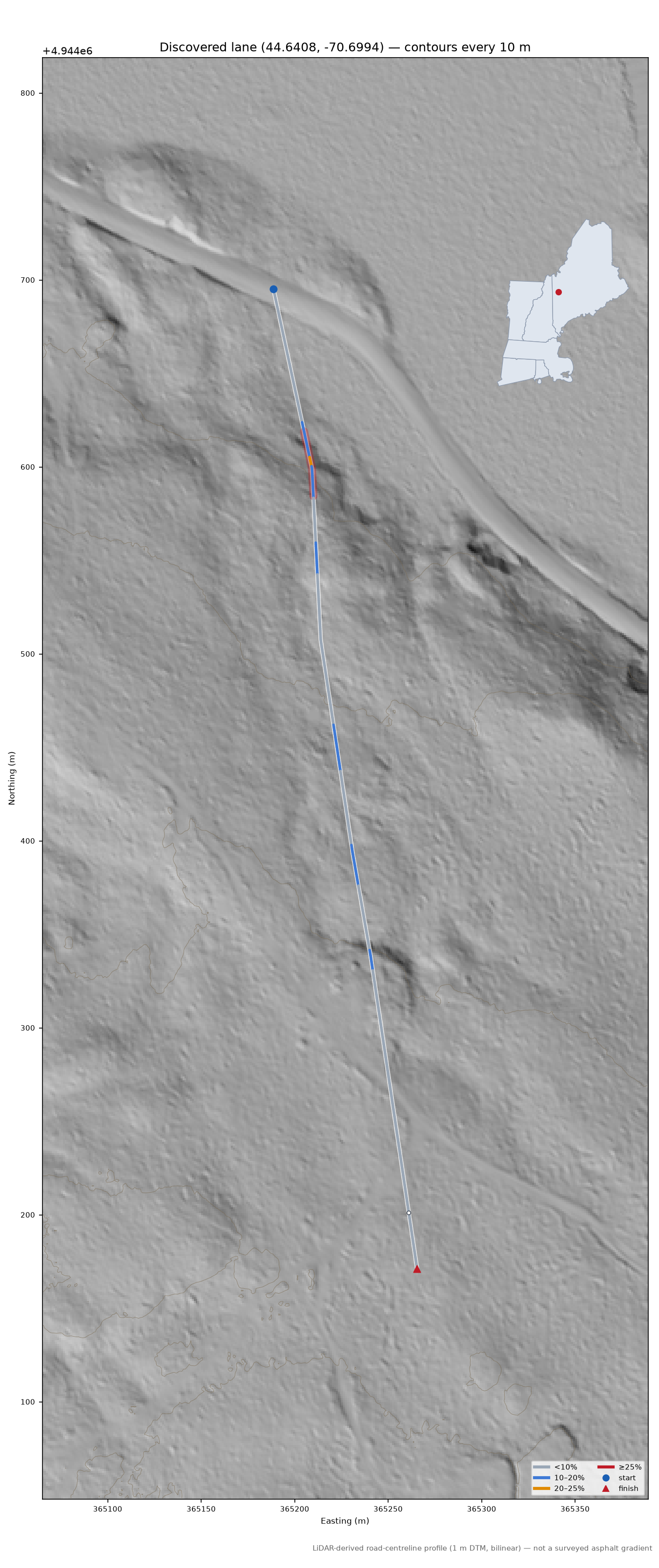 Discovered lane (44.6408, -70.6994) LiDAR hillshade map with contours