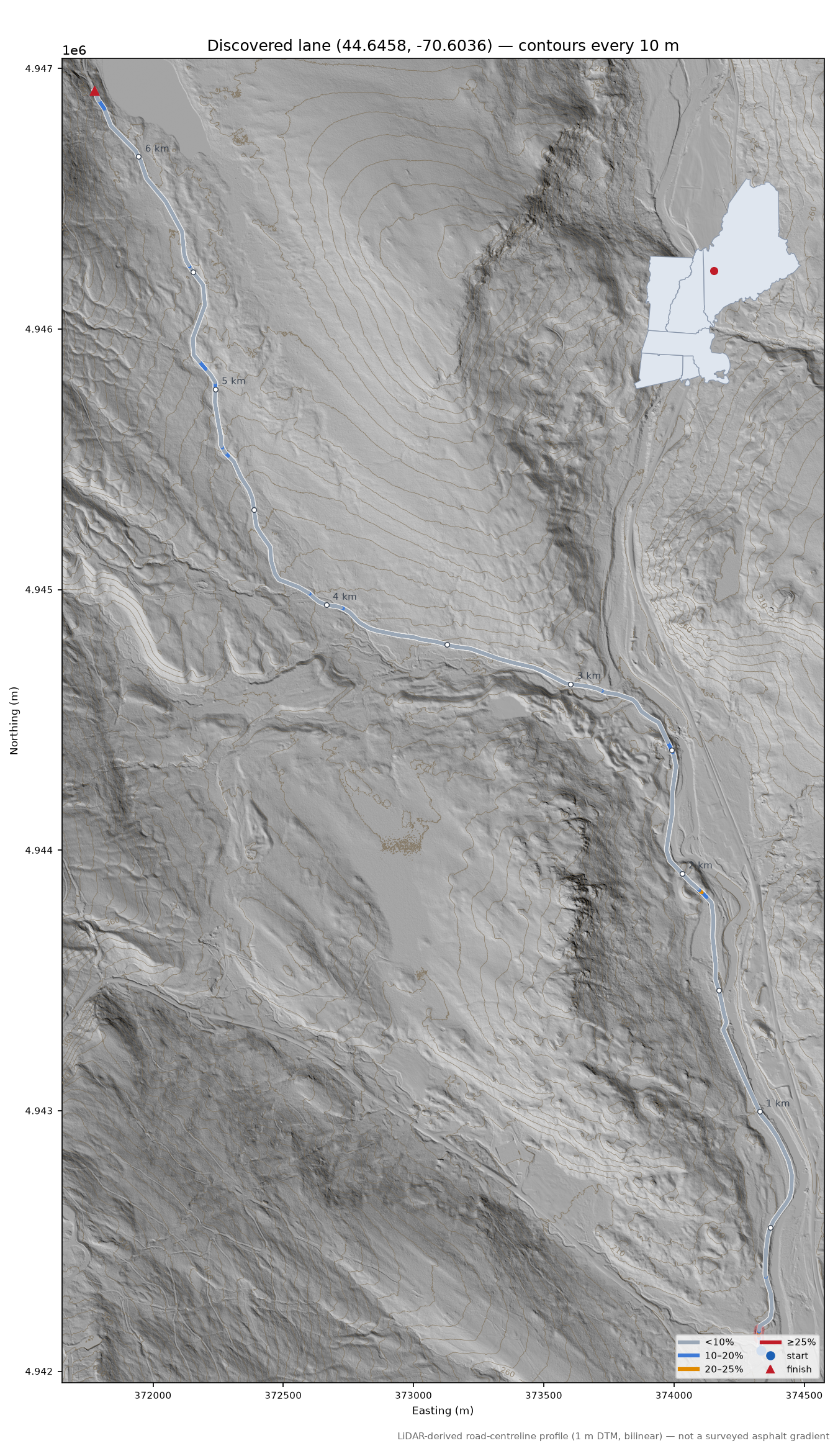 Discovered lane (44.6458, -70.6036) LiDAR hillshade map with contours