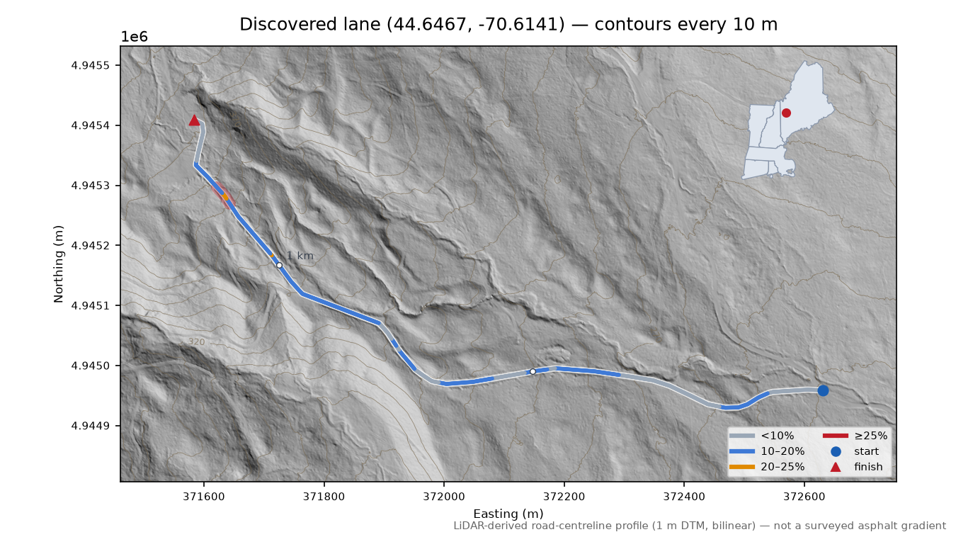 Discovered lane (44.6467, -70.6141) LiDAR hillshade map with contours