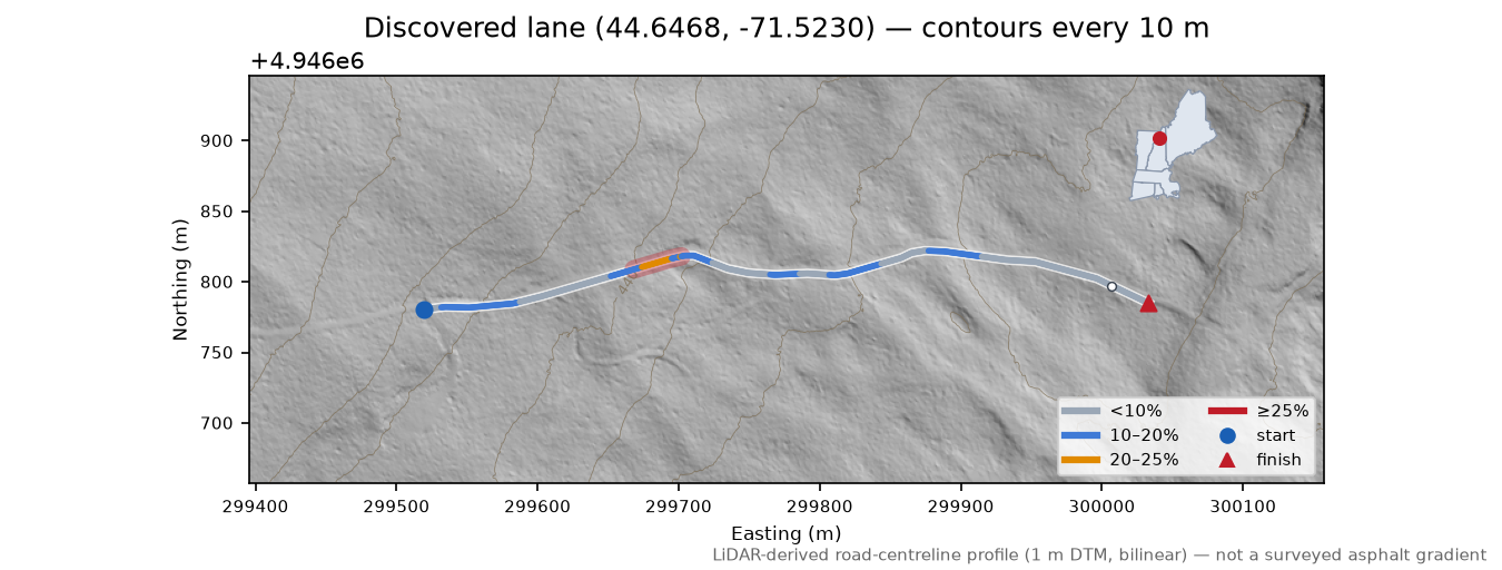 Discovered lane (44.6468, -71.5230) LiDAR hillshade map with contours