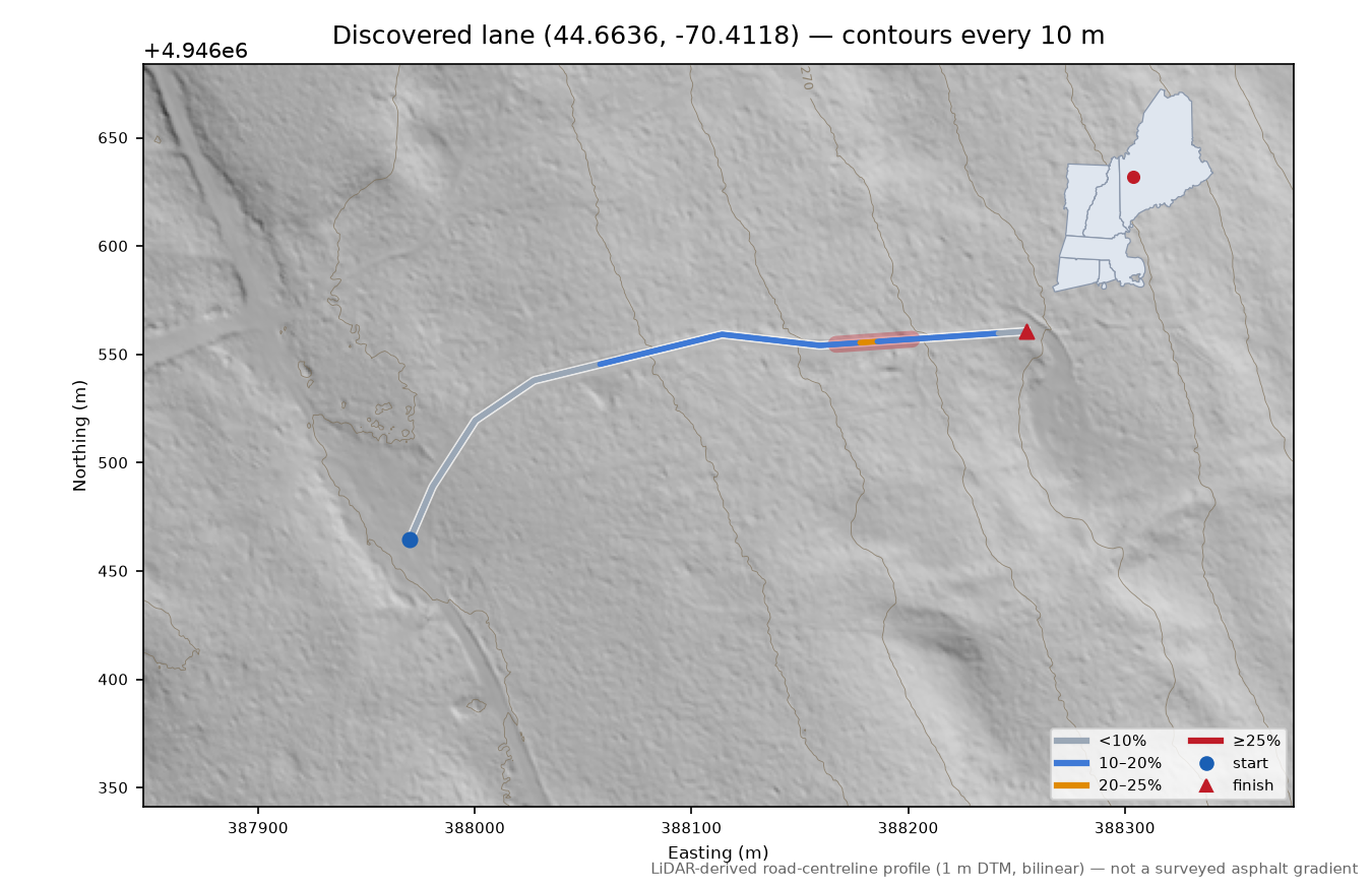 Discovered lane (44.6636, -70.4118) LiDAR hillshade map with contours
