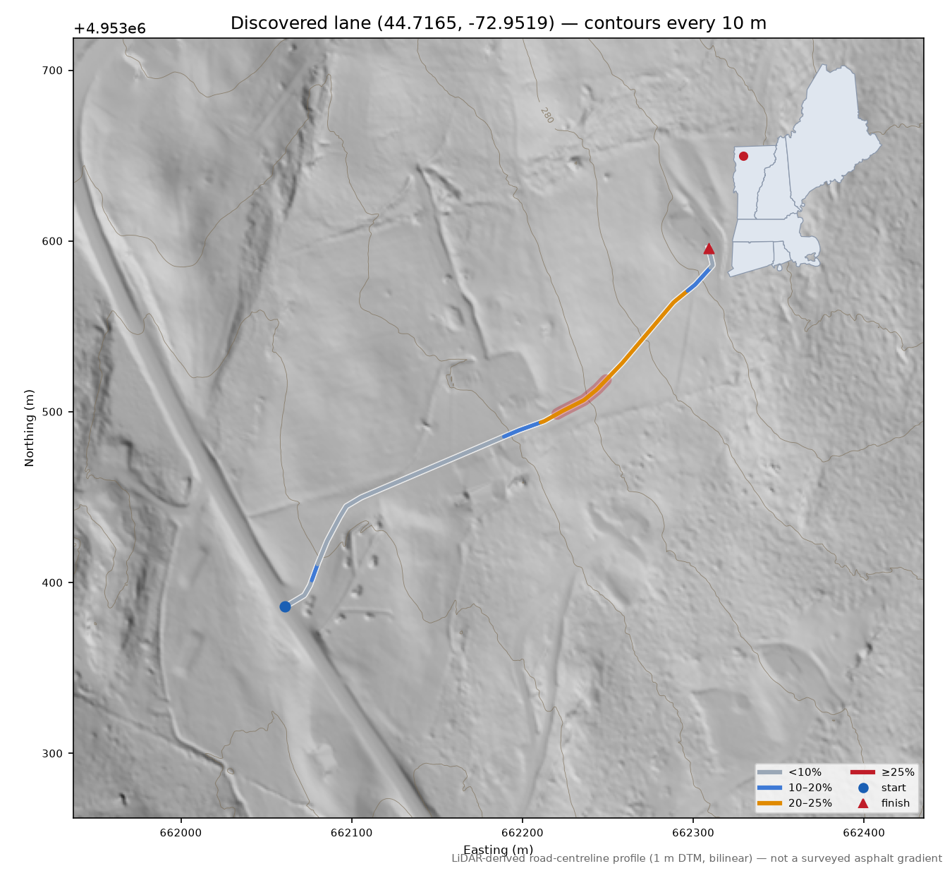 Discovered lane (44.7165, -72.9519) LiDAR hillshade map with contours