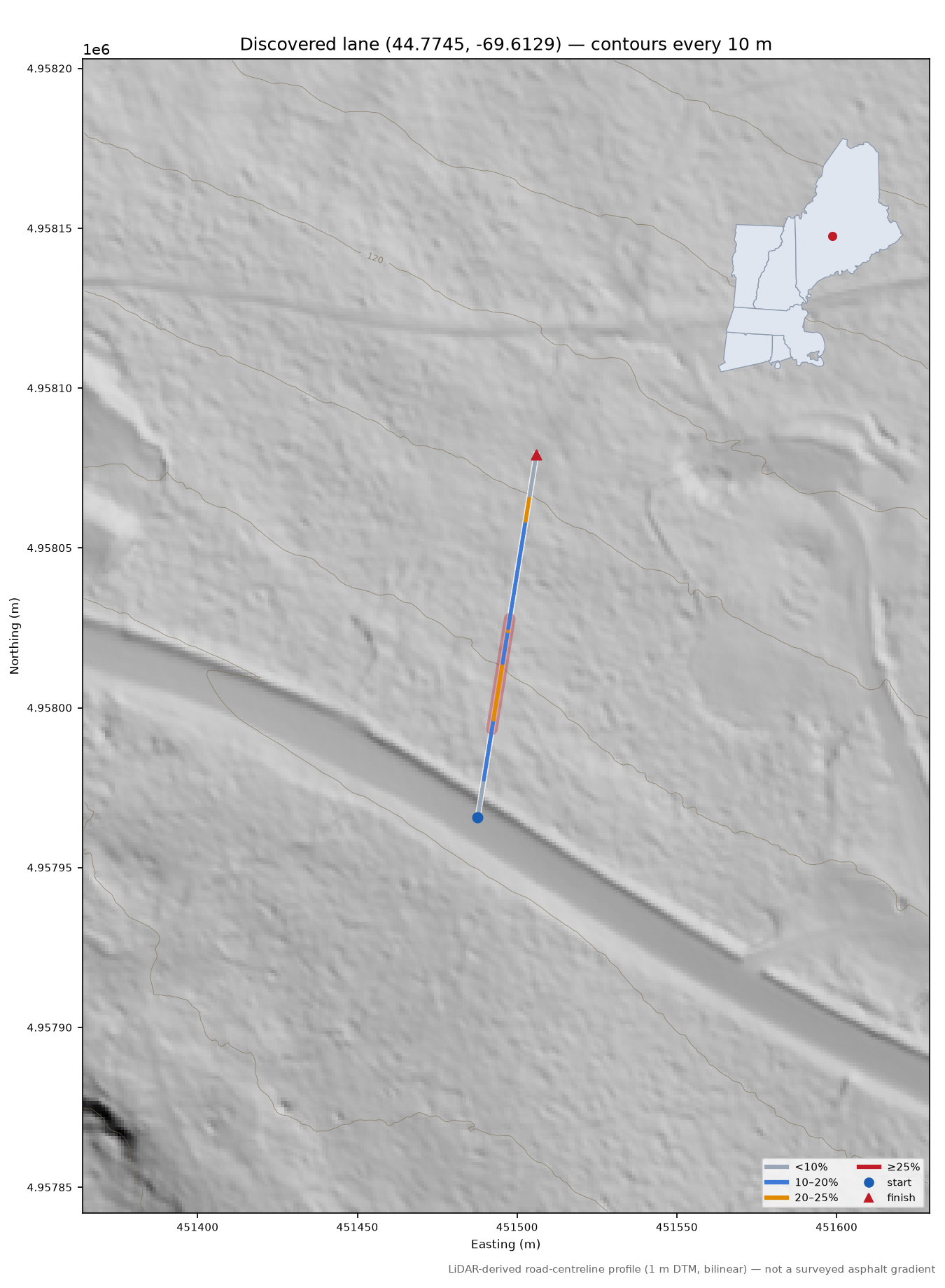 Discovered lane (44.7745, -69.6129) LiDAR hillshade map with contours