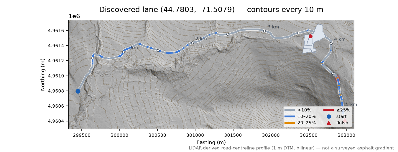 Discovered lane (44.7803, -71.5079) LiDAR hillshade map with contours
