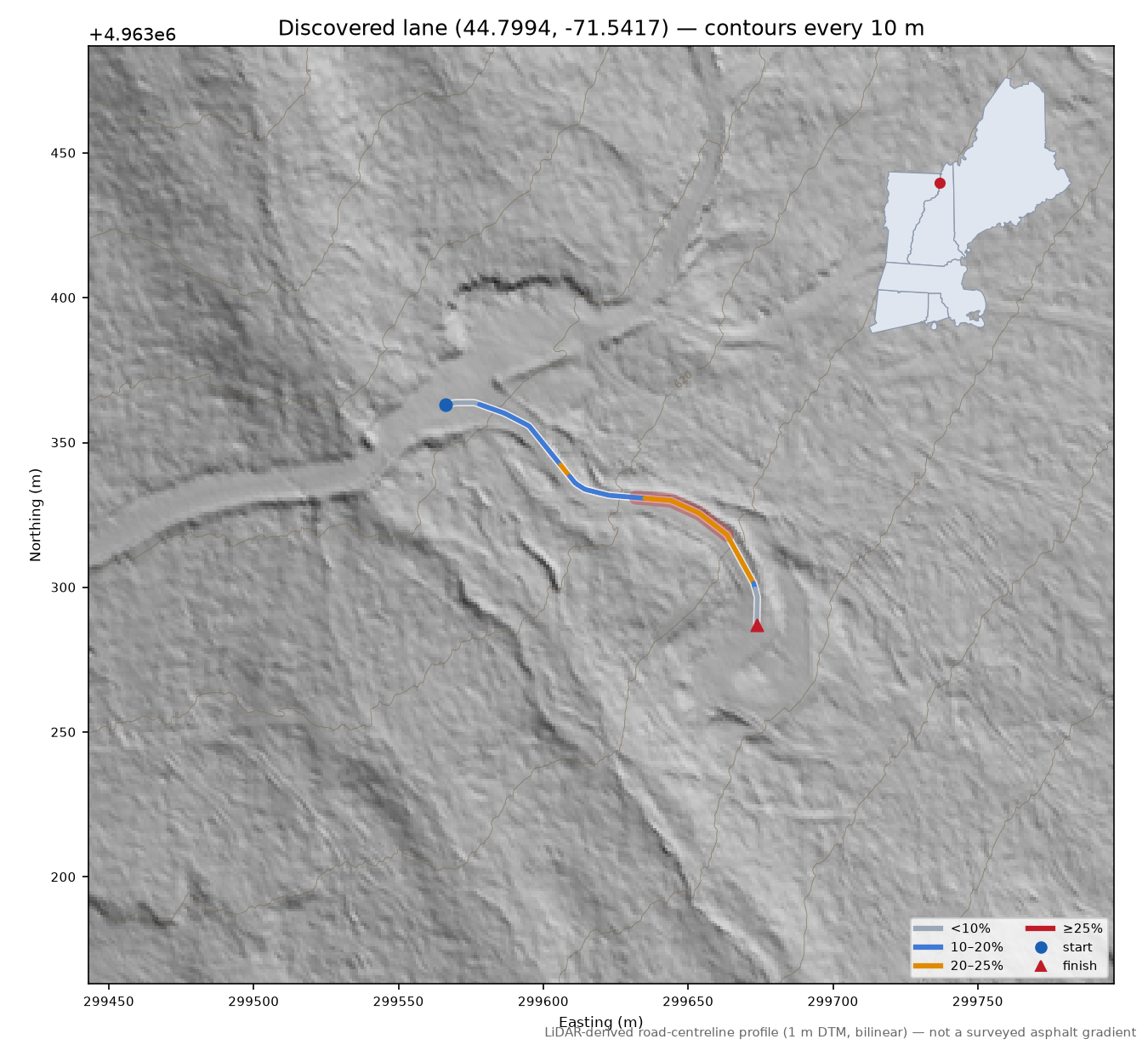Discovered lane (44.7994, -71.5417) LiDAR hillshade map with contours