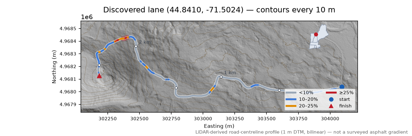 Discovered lane (44.8410, -71.5024) LiDAR hillshade map with contours