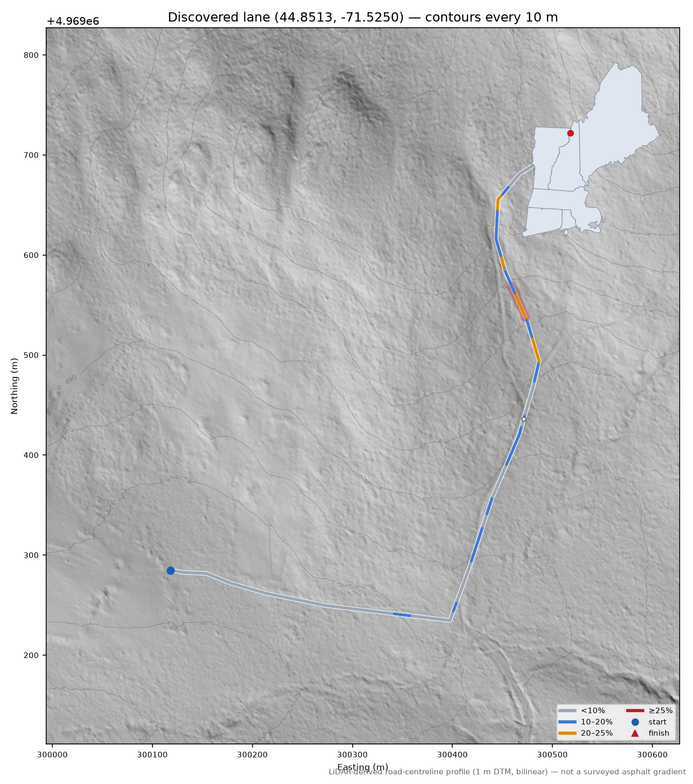 Discovered lane (44.8513, -71.5250) LiDAR hillshade map with contours
