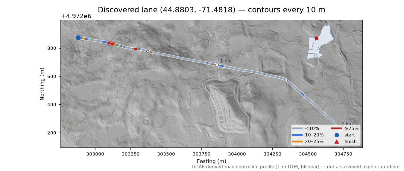 Discovered lane (44.8803, -71.4818) LiDAR hillshade map with contours