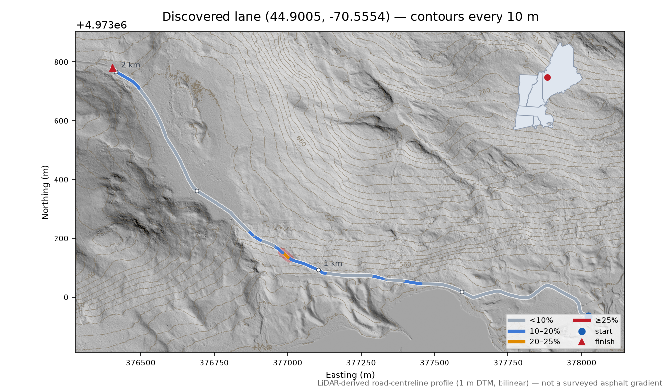 Discovered lane (44.9005, -70.5554) LiDAR hillshade map with contours