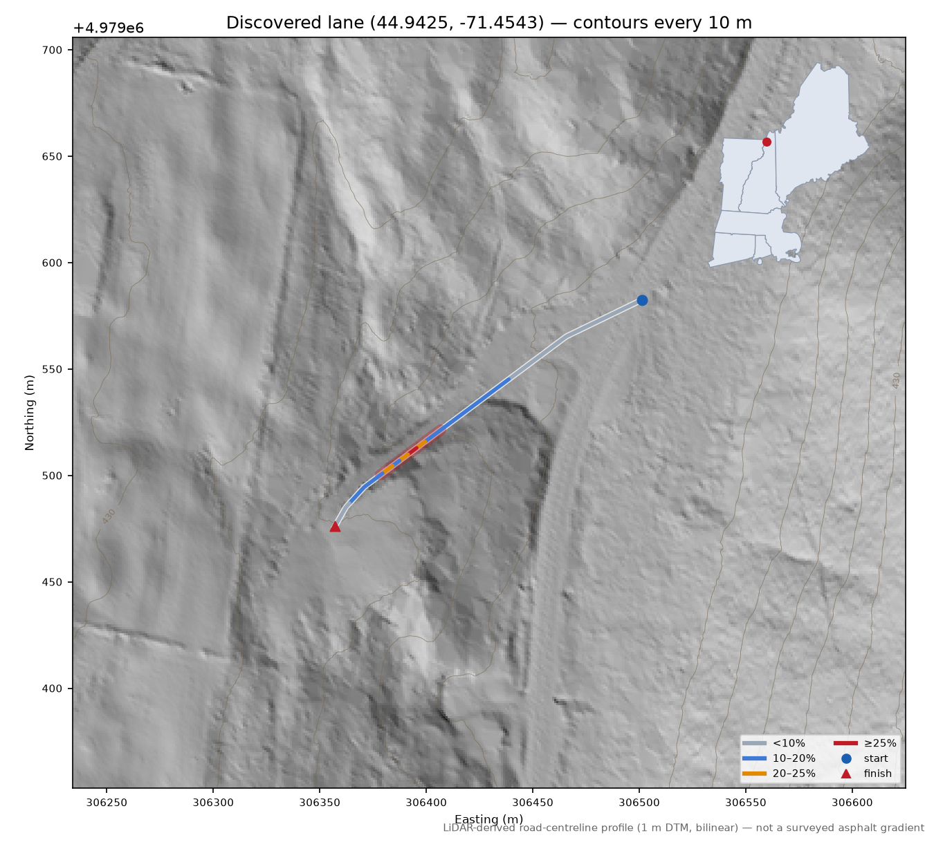 Discovered lane (44.9425, -71.4543) LiDAR hillshade map with contours