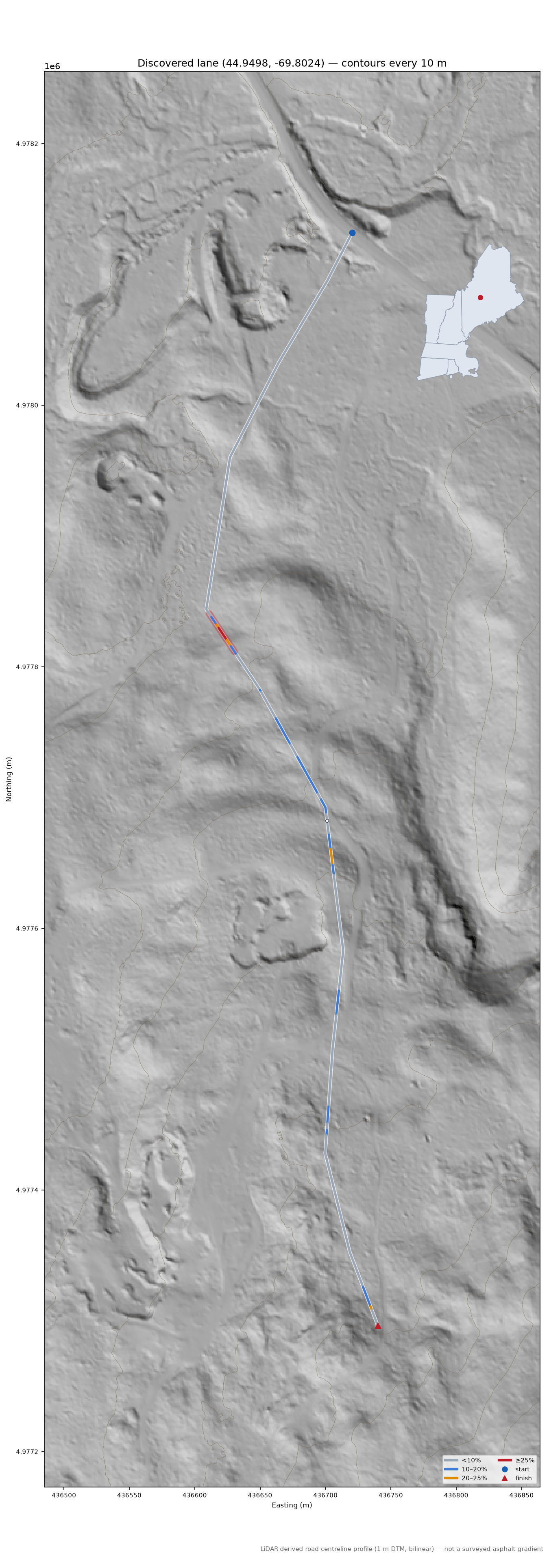 Discovered lane (44.9498, -69.8024) LiDAR hillshade map with contours