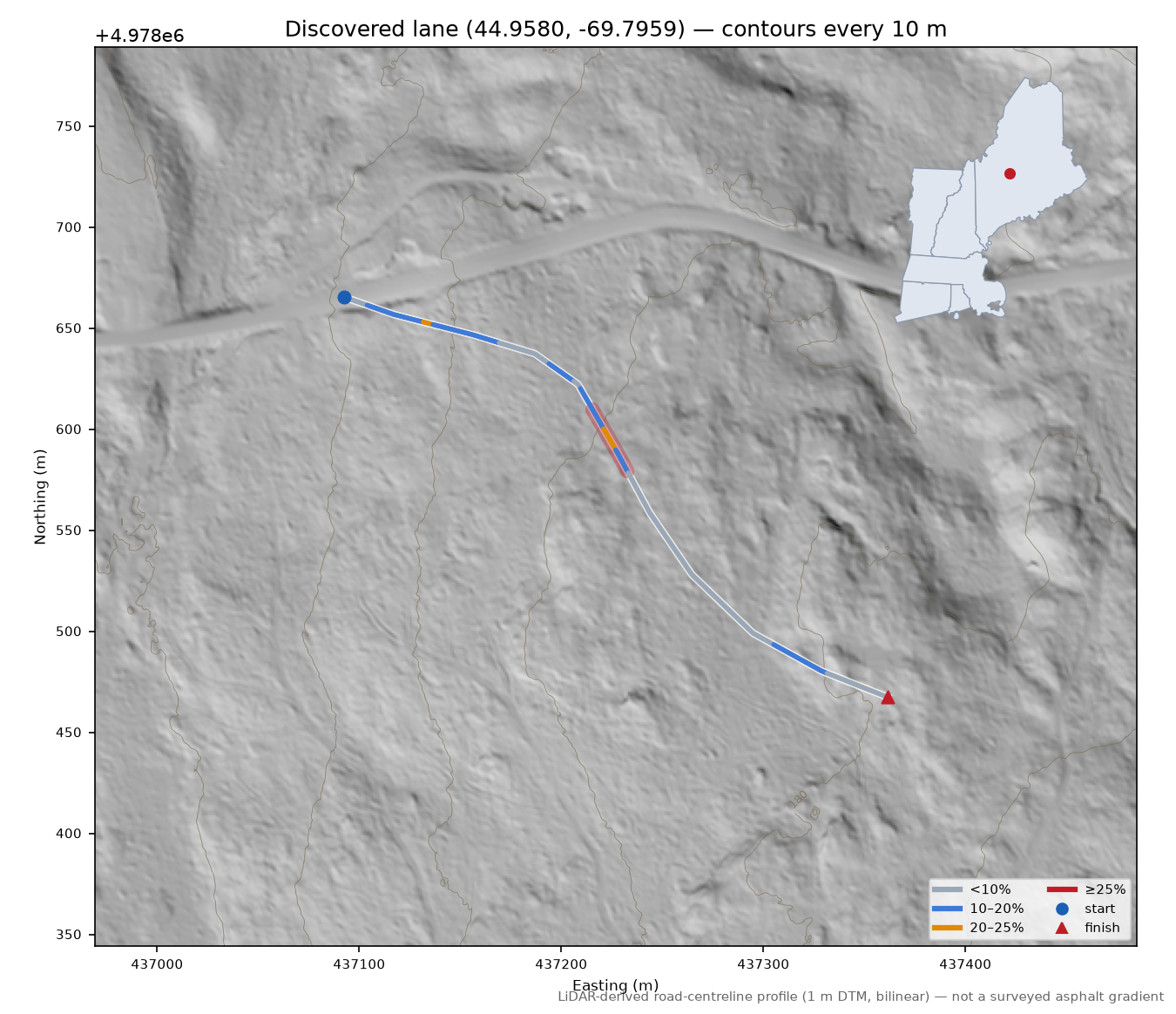 Discovered lane (44.9580, -69.7959) LiDAR hillshade map with contours