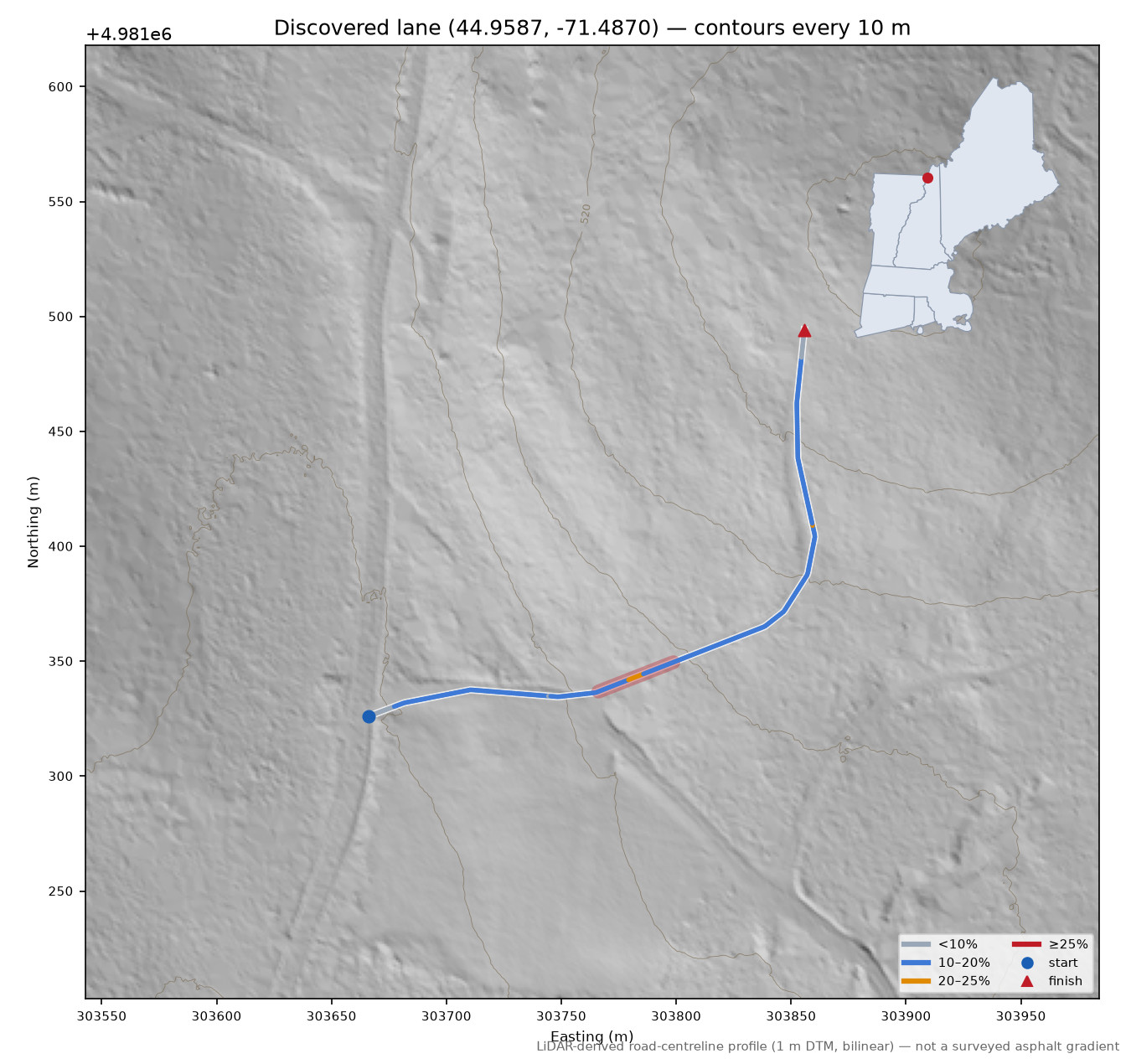 Discovered lane (44.9587, -71.4870) LiDAR hillshade map with contours