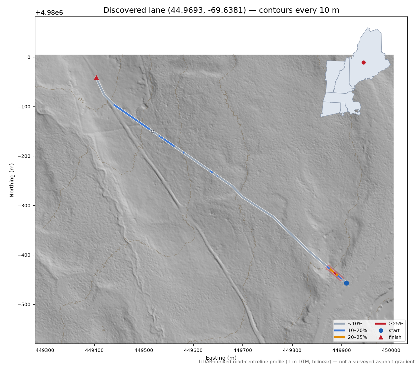 Discovered lane (44.9693, -69.6381) LiDAR hillshade map with contours
