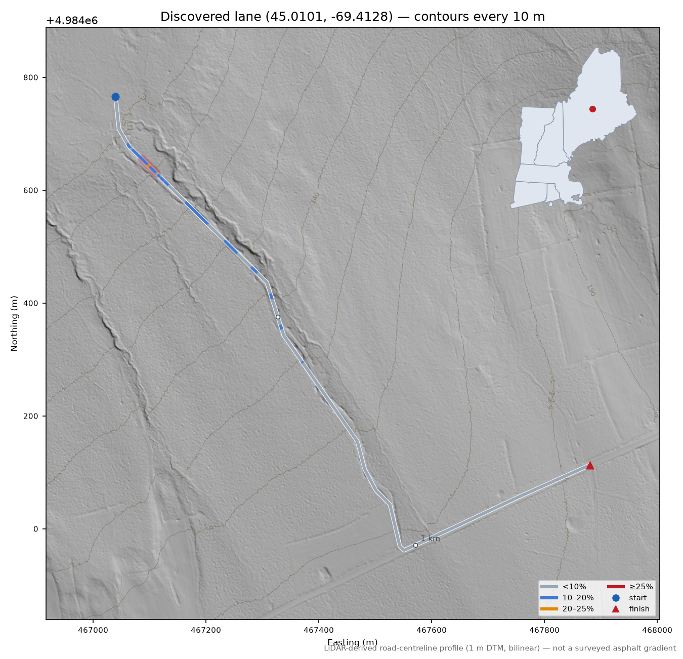 Discovered lane (45.0101, -69.4128) LiDAR hillshade map with contours