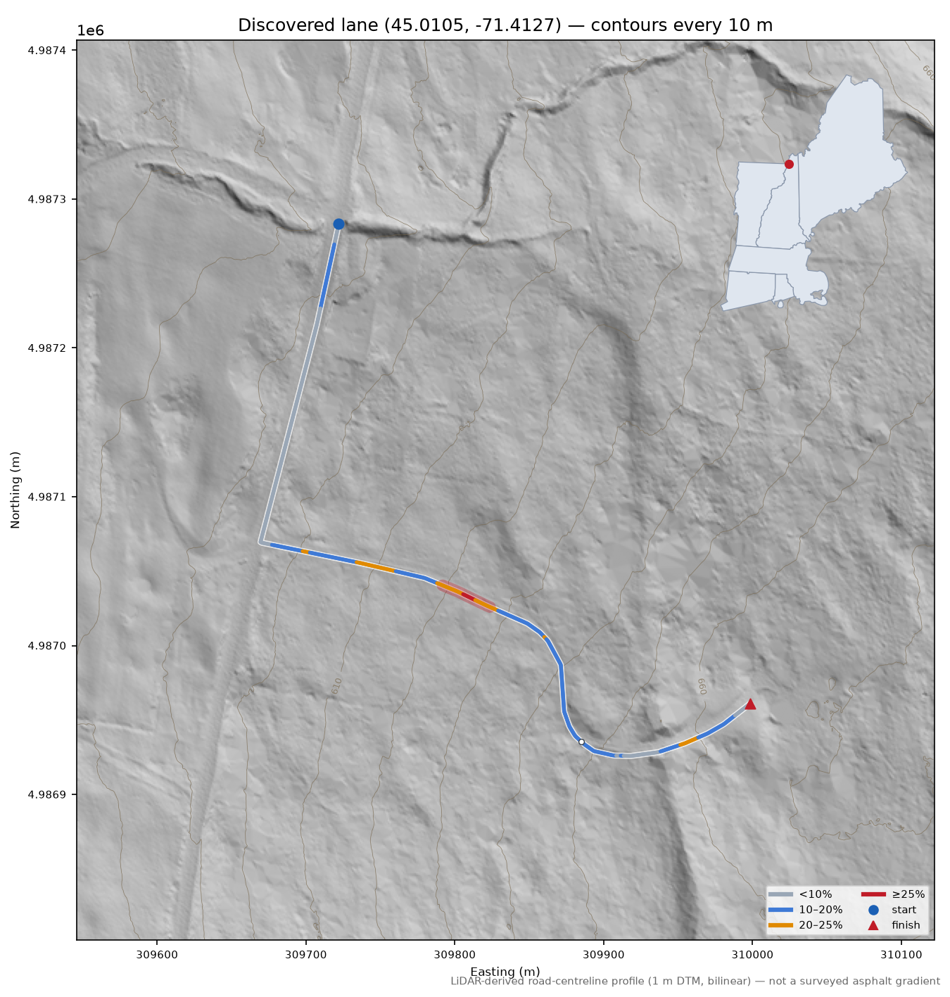 Discovered lane (45.0105, -71.4127) LiDAR hillshade map with contours