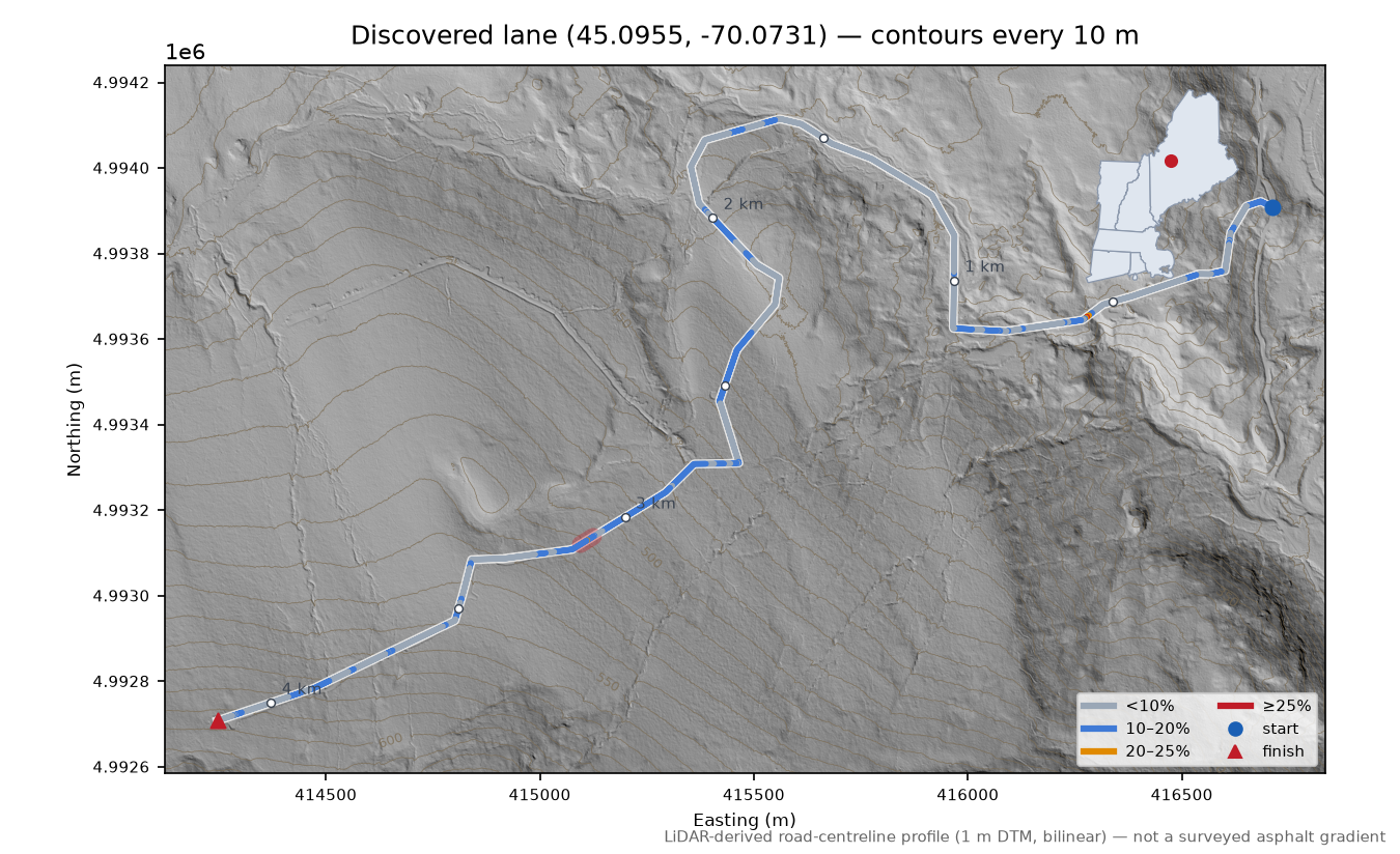 Discovered lane (45.0955, -70.0731) LiDAR hillshade map with contours