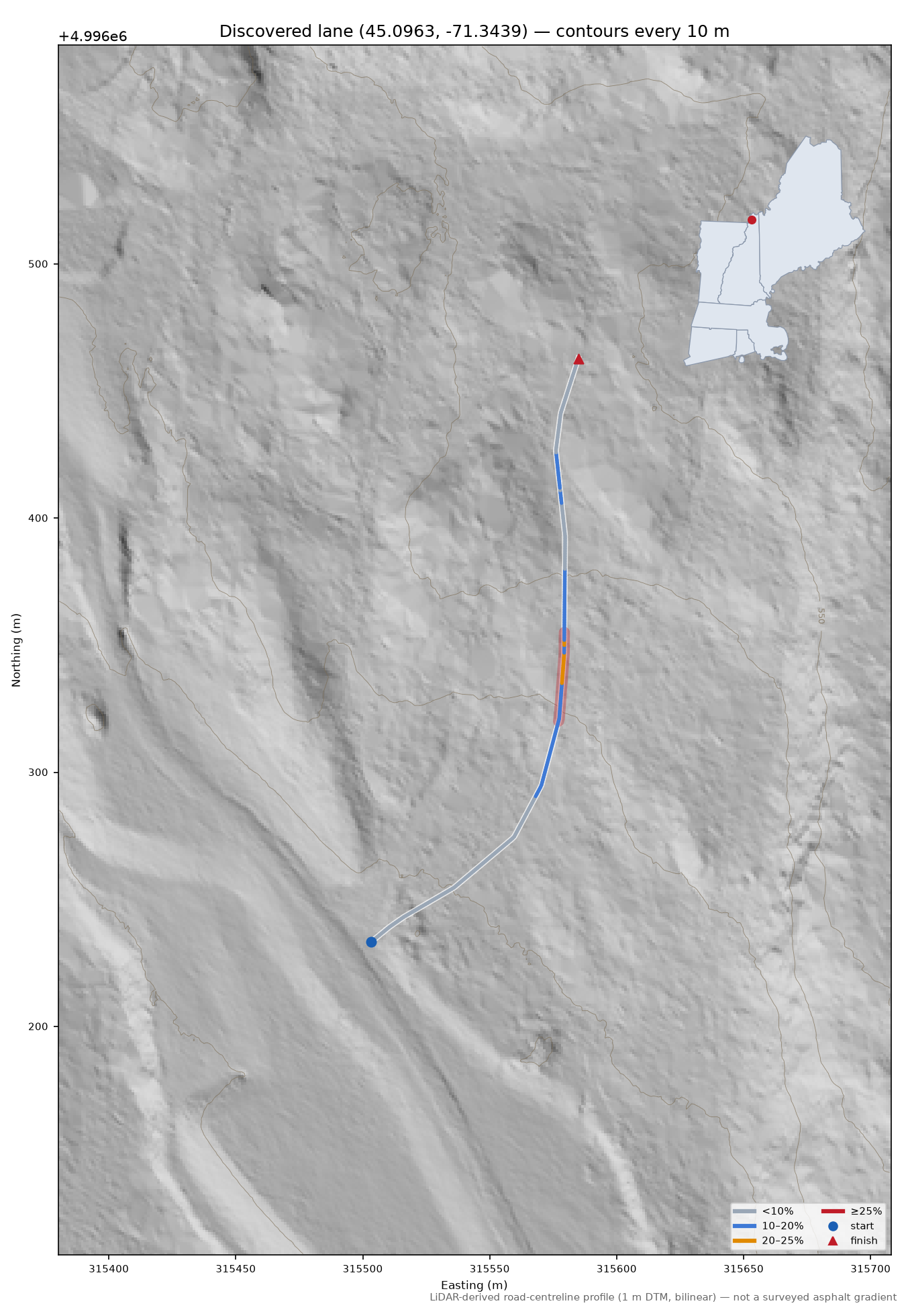 Discovered lane (45.0963, -71.3439) LiDAR hillshade map with contours