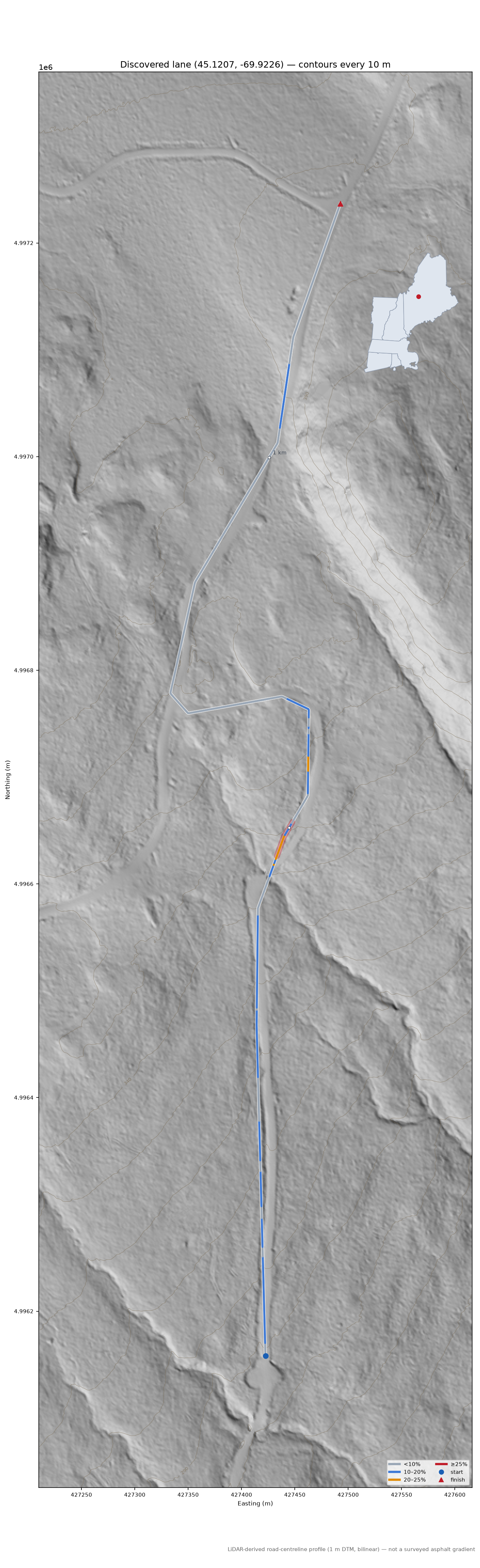 Discovered lane (45.1207, -69.9226) LiDAR hillshade map with contours