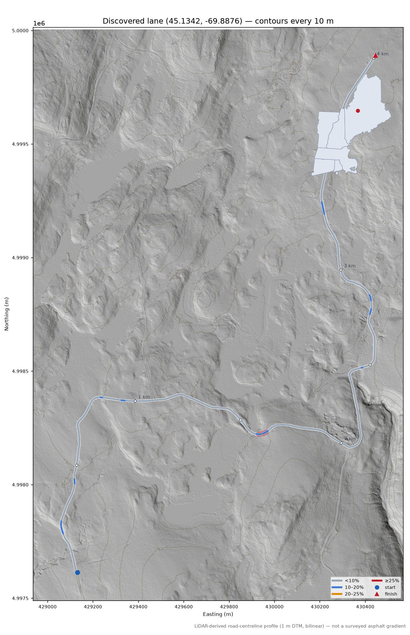 Discovered lane (45.1342, -69.8876) LiDAR hillshade map with contours