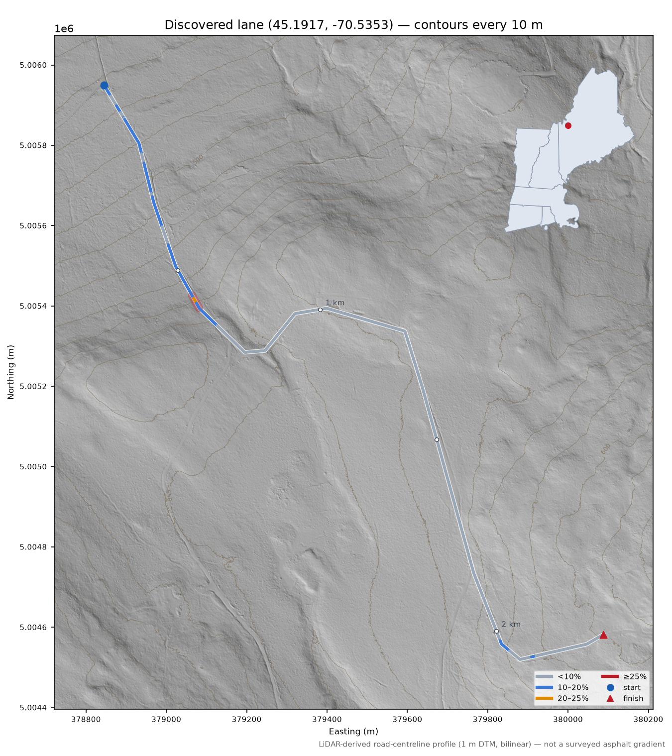 Discovered lane (45.1917, -70.5353) LiDAR hillshade map with contours