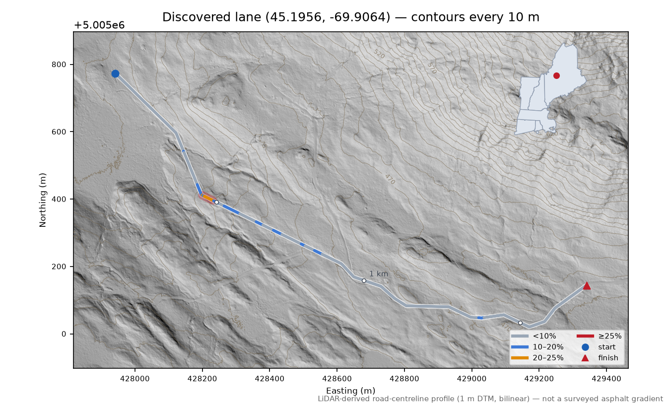 Discovered lane (45.1956, -69.9064) LiDAR hillshade map with contours